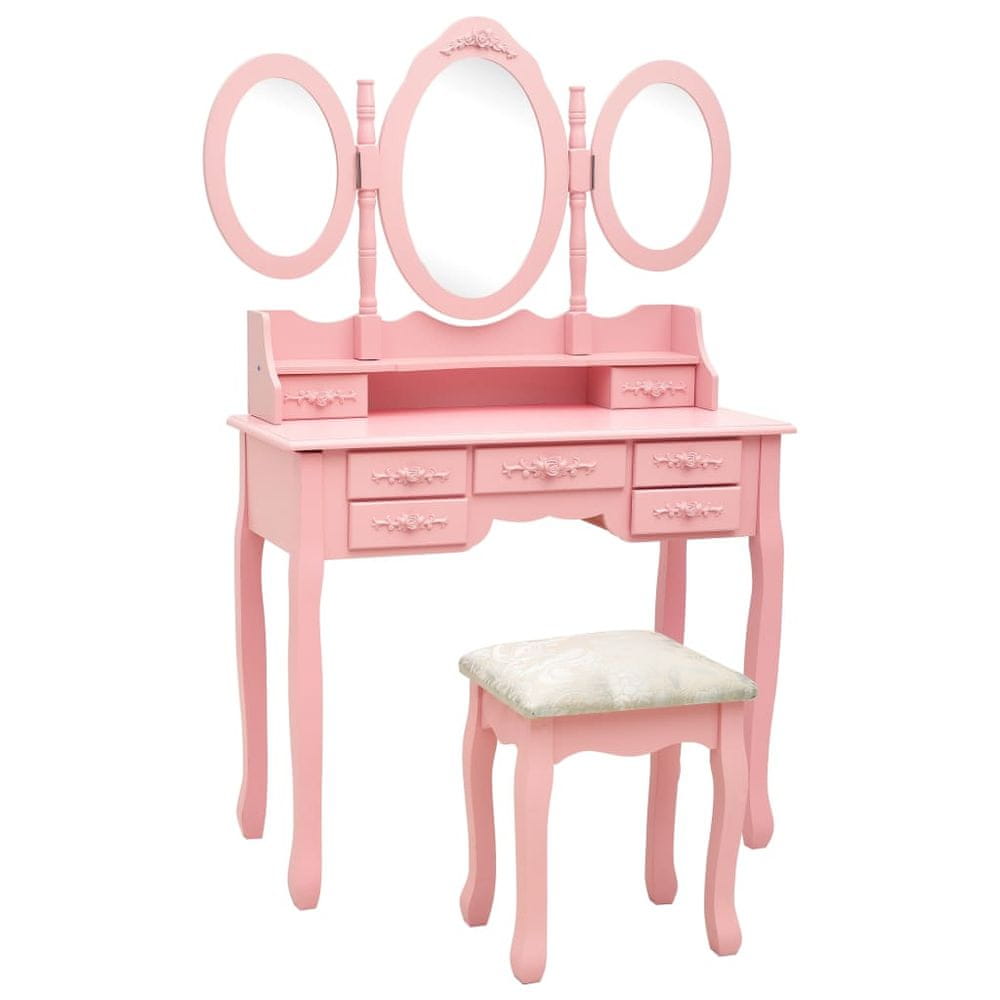 Vidaxl Toaletný stolík so stoličkou a 3-dielnym zrkadlom ružový